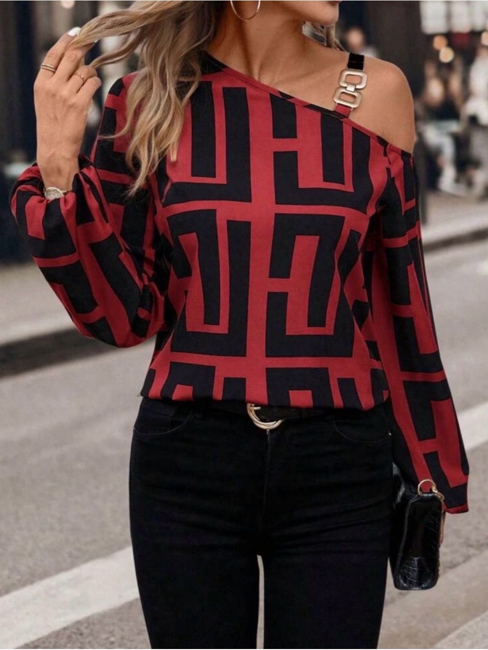SHEIN Red and Black One-Shoulder Geometric Strap Blouse